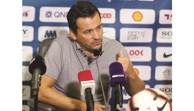 Al Duhail coach Rui Faria speaks to reporters during his pre-match press conference.