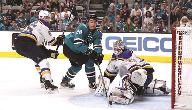 Timo Meier (centre) of the San Jose Sharks scores a goal against Jordan Binnington of the St Louis Blues during the second period in game one of the Western Conference Finals during the 2019 NHL Stanley Cup playoffs at SAP Center in San Jose, California. (Getty Images/AFP)