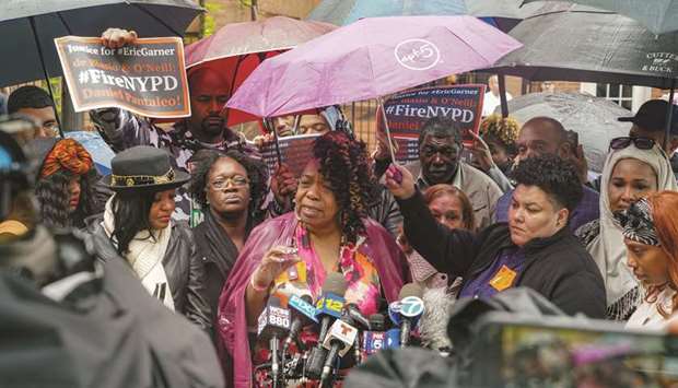 Eric Garneru2019s mother Gwen Carr speaks to the media at 1 Police Plaza in the Manhattan borough of New York.
