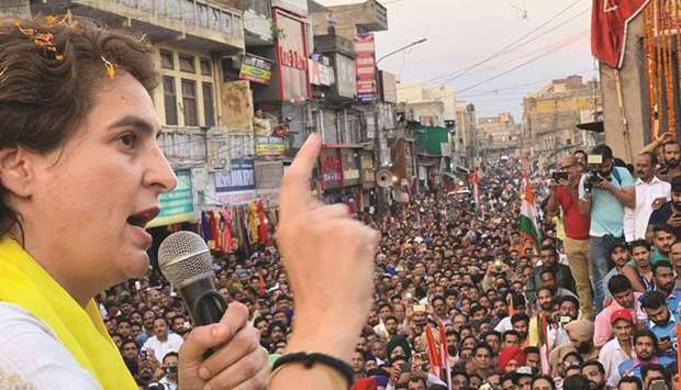 Congress leader Priyanka Gandhi Vadra speaks during a roadshow ahead of the final phase of elections in Pathankot in Punjab yesterday.