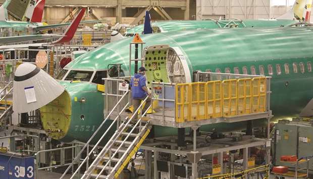 A Boeing 737 MAX airplane is seen on the production line at the companyu2019s manufacturing facility in Renton, Washington. Boeing took no new orders in April for the narrowbody jets as it continues to work on a software fix for the planeu2019s anti-stall system MCAS.