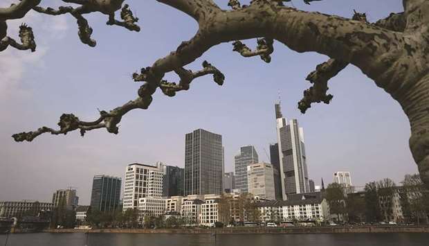 Skyscrapers stand beside River Main, in the financial district of Frankfurt. Germanyu2019s GDP rose 0.4% in the first quarter, yesterdayu2019s Federal Statistics Office data showed.