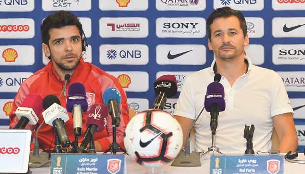 Al Duhail coach Rui Faria (right) and captain Luiz Martin during a press conference yesterday ahead of the Amir Cup final against Al Sadd. PICTURE: Noushad Thekkayil