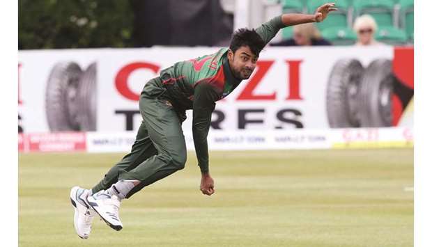 Bangladeshu2019s Abu Jayed Rahi bowls during the Tri-Nation Series match against Ireland at the Clontarf Cricket Club Ground in Clontarf, Dublin, yesterday. (AFP)