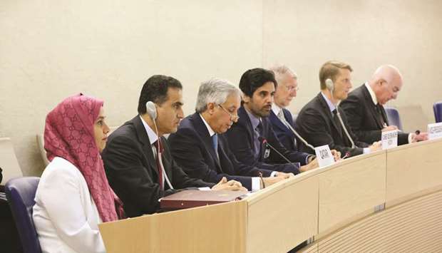 HE the Minister of State for Foreign Affairs Sultan bin Saad al-Muraikhi delivering his speech before the Human Rights Council in Geneva on Wednesday.