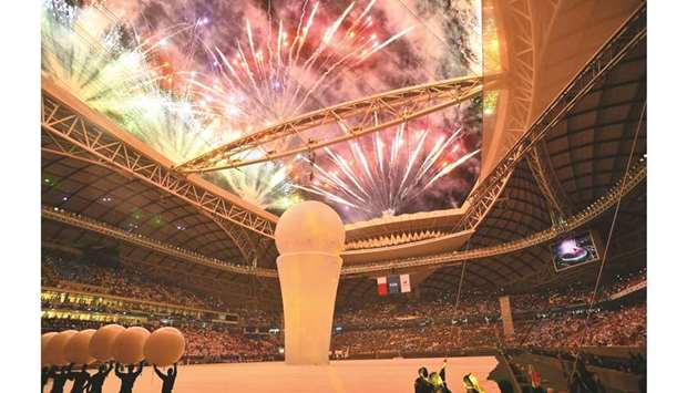 Fireworks go off during the opening ceremony of the Al Janoub World Cup stadium in Al Wakrah on Thursday night. Al Duhail  beat Al Sadd 4-1 to win the Amir Cup final, the first match to be played at Qataru2019s newest football venue. PICTURE: Noushad Thekkayil