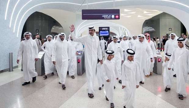His Highness the Amir Sheikh Tamim bin Hamad al-Thani arrives at the Al Wakrah Metro station.