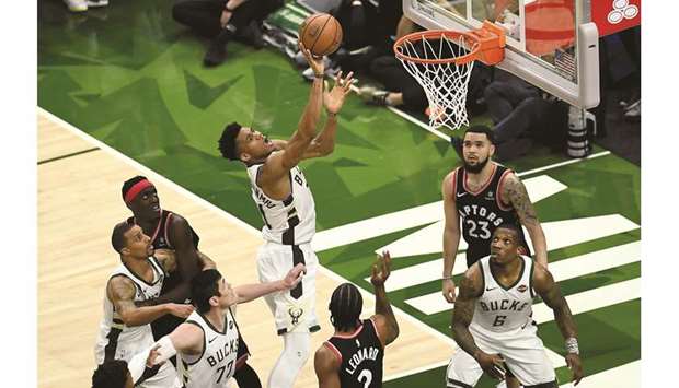 Giannis Antetokounmpo of the Milwaukee Bucks attempts a shot in the fourth quarter against the Toronto Raptors during game two of the Eastern Conference Finals of the 2019 NBA Playoffs at the Fiserv Forum in Milwaukee, Wisconsin. (Getty Images/AFP)