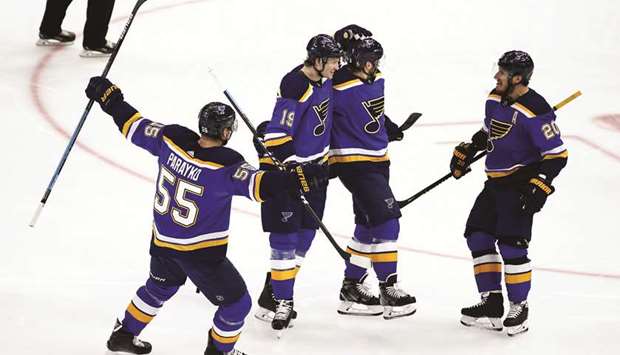 Ivan Barbashev (third left) of the St. Louis Blues celebrates with his teammates Jay Bouwmeester (second left), Colton Parayko (left) and Alexander Steen after scoring a goal against San Jose Sharks during the first period in game four of the Western Conference Finals during the 2019 NHL Stanley Cup Playoffs in St Louis, Missouri. (Getty Images/AFP)