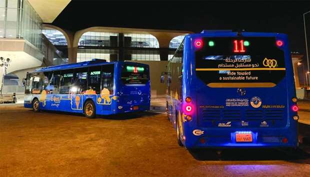 Electric buses by Mowasalat holding services during Amir Cup final at Al Wakrah Stadium.rnrn