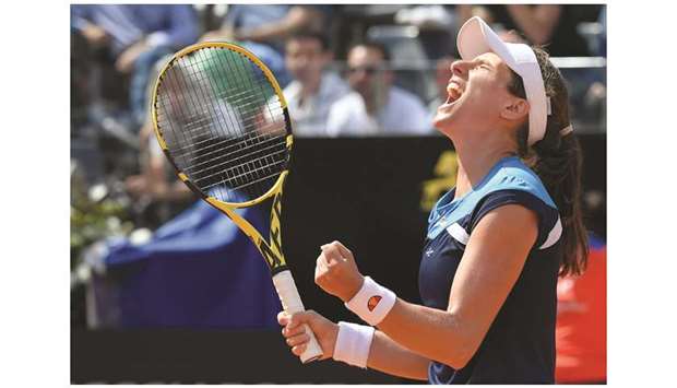 Britainu2019s Johanna Konta is ecstatic after her win over Dutch Kiki Bertens in the semi-finals of the Italian Open in Rome yesterday. (AFP)