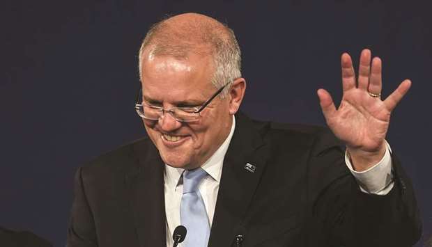 Australiau2019s Prime Minister Scott Morrison gives his victory speech after winning the general election in Sydney yesterday.
