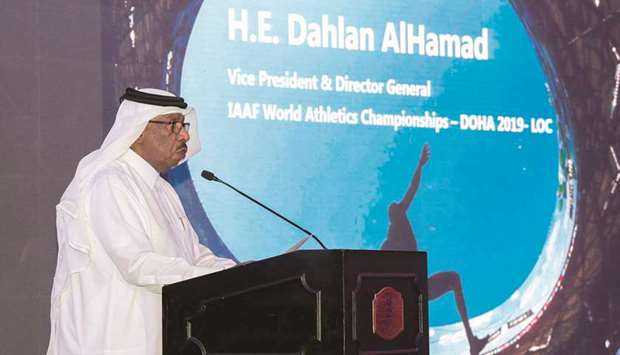 IAAF Vice President Dahlan al-Hamad addresses the distinguished gathering on Saturday.