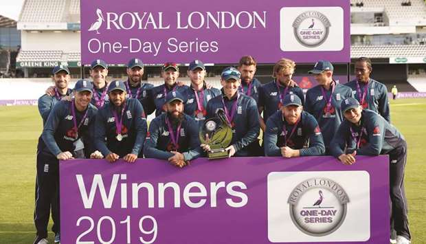 England players celebrate with the trophy after wrapping up the five-match ODI series 4-0 yesterday.