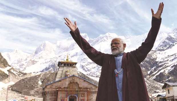 Prime Minister Narendra Modi is seen at a shrine in Kedarnath in Uttarakhand yesterday. Modi appears to be headed for a second term as premier, with exit polls predicting a majority for his NDA.