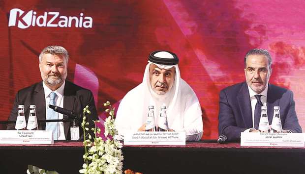 Sheikh Abdullah bin Ahmed al-Thani, chairman of Sharaka Holdings and Qatar Entertainment (Tasali); Xavier Lopez, KidZania president; and Ric Fearnett, KidZania Doha governor addressing the media.