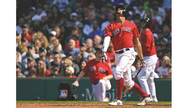 Boston Red Sox shortstop Xander Bogaerts watches the ball after hitting a single RBI during the fifth against the Houston Astros inning at Fenway Park. PICTURE: USA TODAY Sports