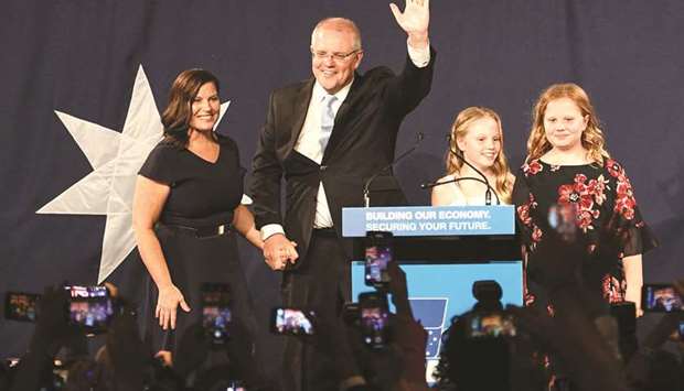 Australiau2019s newly elected Prime Minister Scott Morrison arrives to deliver a victory speech with his family after winning the Australiau2019s general election in Sydney.