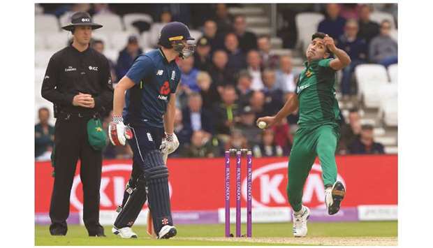 Pakistanu2019s Mohamed Hasnain (right) in action against England during the fifth ODI at Headingley on Sunday. (AFP)