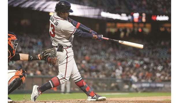 Atlanta Braves left fielder Ronald Acuna Jr. hits a solo home run against the San Francisco Giants during the seventh inning at Oracle Park. PICTURE: USA TODAY Sports