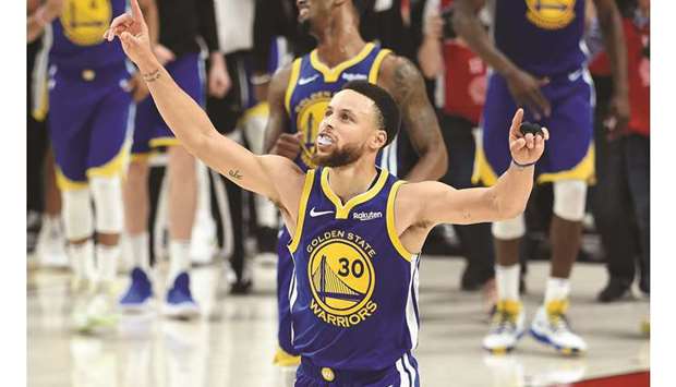 Stephen Curry of the Golden State Warriors celebrates defeating the Portland Trail Blazers 119-117 during overtime in game four of the NBA Western Conference Finals to advance to the 2019 NBA Finals at Moda Center in Portland, Oregon. (Getty Images/AFP)