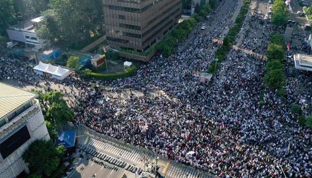 An aerial photo shows protesters gathered to demonstrate against Indonesia's President Joko Widodo's victory in the recent election in Jakarta