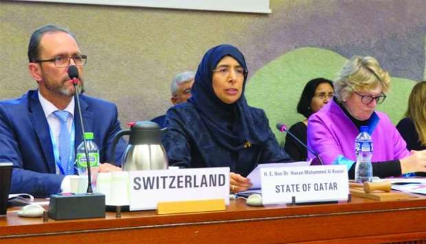 HE the Minister of Public Health, Dr Hanan Mohamed al-Kuwari, speaking at the symposium in Geneva.rn