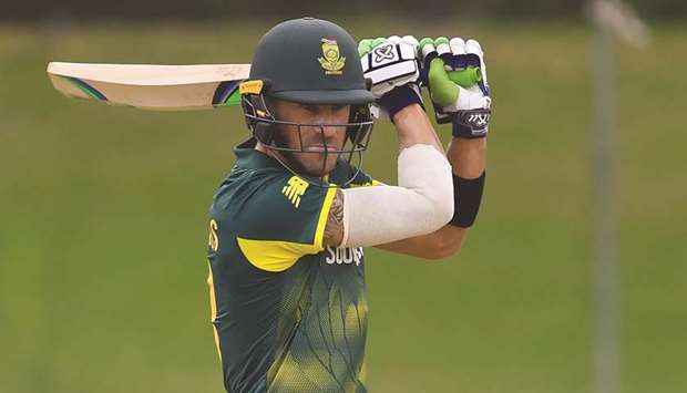 South Africau2019s captain Faf du Plessis plays a shot during the one-day practice match against the Sri Lanka Board XI in Colombo on July 26, 2018. (AFP)