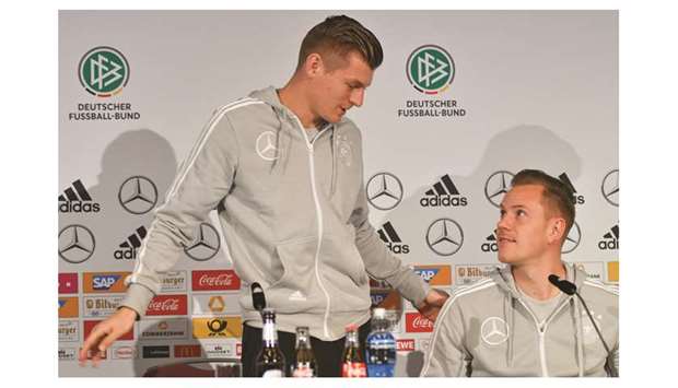 In this March 22, 2018, picture, goalkeeper Marc-Andre Ter Stegen (right) and midfielder Toni Kroos attend a press conference on the eve of an international friendly. (AFP)