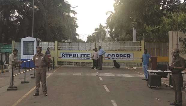 FILE PHOTO: Police stand guard outside a copper smelter controlled by London-listed Vedanta Resources in Thoothukudi in the southern state of Tamil Nadu, India, May 28, 2018.