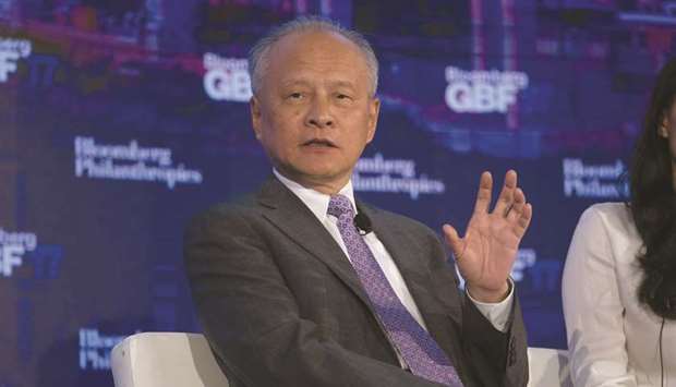 Cui Tiankai, Chinau2019s ambassador to the US, speaks during a press conference in New York. u201cChina remains ready to continue talks with American colleagues to reach a conclusion. Our door is still open,u201d Cui said yesterday.