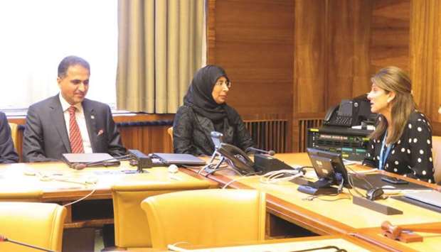 HE the Minister of Public Health Dr Hanan Mohamed al-Kuwari holding talks with President of the Union for International Cancer Control, Princess Dina Mired, and (right)  Minister of Labour, Health and Social Affairs of Georgia, David Sergeenko in Geneva yesterday.