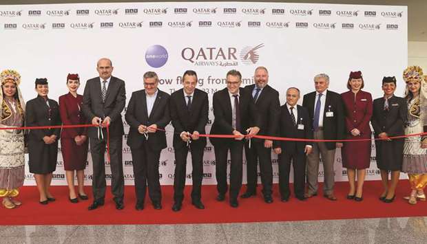 The Turkish ambassador to Qatar Fikret Ozer with Qatar Airways senior vice-president (Europe) Sylvain Bosc and other VIPs who were present to greet the aircraft upon arrival.
