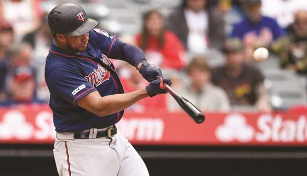 Minnesota Twinsu2019 Jonathan Schoop hits a three-run home run during the second inning against the Los Angeles Angels in Anaheim, United States, on Thursday. (USA TODAY Sports)