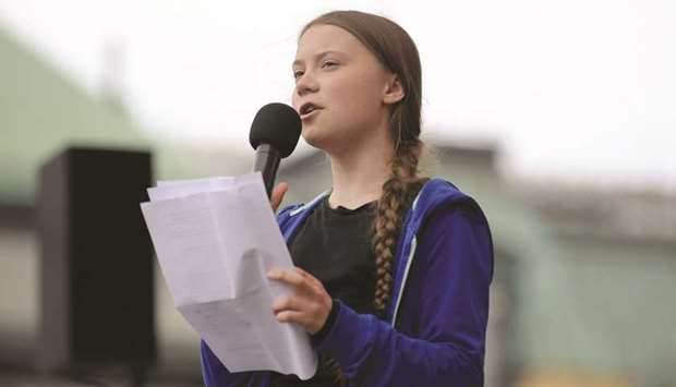 Thunberg speaks on stage in Kungstradgarden Park, during the Global Strike for Future demonstration in Stockholm.