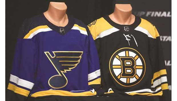 Jerseys of St Louis Blues and Boston Bruins are on display prior to Media Day ahead of the 2019 NHL Stanley Cup Final in Boston, United States, yesterday. (AFP)