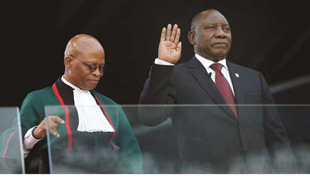 Cyril Ramaphosa takes the oath of office at his inauguration as South African president, in Pretoria, yesterday.