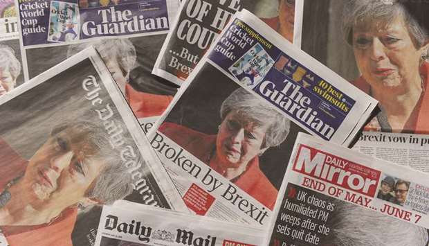An arrangement of daily newspapers as an illustration yesterday shows front page headlines reporting on the resignation speech of Prime Minister May. May announced on Friday that she will resign on June 7.