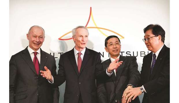 Jean-Dominique Senard, chairman of Renault (second left); gestures as Thierry Bollore, CEO of Renault (from left); Hiroto Saikawa, president and CEO of Nissan Motor Co; and Osamu Masuko, CEO of Mitsubishi Motors Corporation; look on during a news conference in Yokohama, Japan, on March 12. Senard has now arrived in Japan to discuss the proposed tie-up with the French companyu2019s existing partner Nissan u2014 another potential obstacle to the $35bn-plus merger of equals.