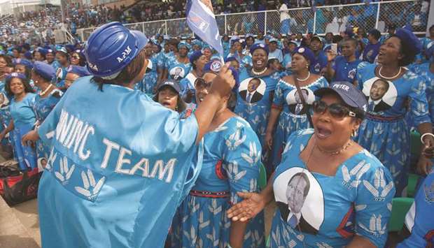 Supporters of Malawiu2019s ruling Democratic Progressive Party celebrate yesterday at Kamuzu Stadium in Blantyre.