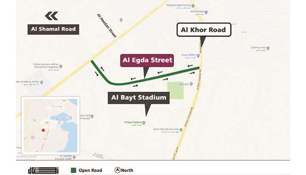 Al Egda Street is located to the north of Al-Bayt Stadium.