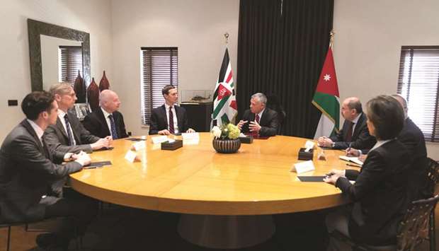 Jordanu2019s King Abdullah meets with Senior White House Adviser Jared Kushner in Amman, yesterday.