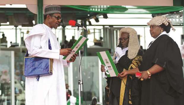 Nigerian President Muhammadu Buhari being sworn-in yesterday during his inauguration ceremony in Abuja.