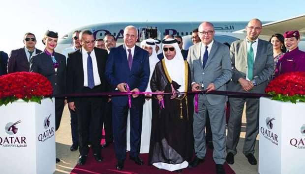 Ambassador al-Dosari, Qatar Airways senior vice-president Amin, Moroccan officials and other dignitaries at a ribbon cutting ceremony at Rabatu2013Salu00e9 Airport.
