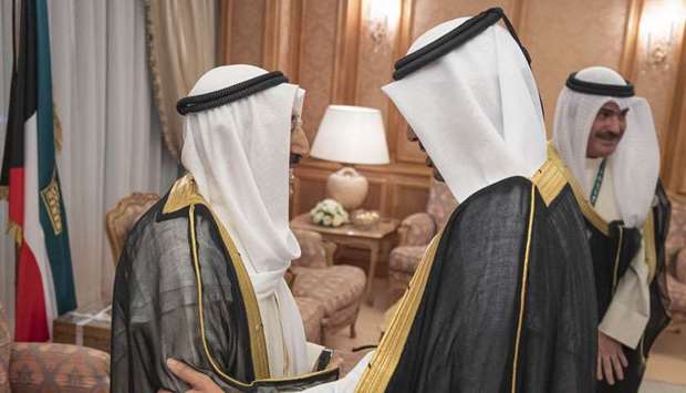 HE the Prime Minister Sheikh Abdullah bin Nasser bin Khalifa al-Thani meets Kuwaiti Amir Sheikh Sabah al-Ahmad al-Jaber al-Sabah at Al Diyafa Palace in Makkah on Thursday