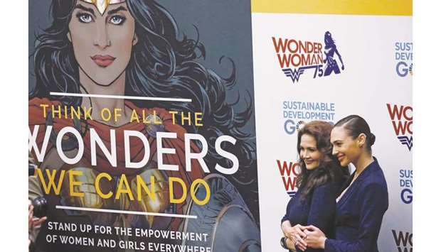 File picture of actors Gal Gador and Lynda Carter posing for photos during an event to name Wonder Woman UN Honorary Ambassador for Empowerment of Women and Girls at the UN headquarters in New York on October 21, 2016. It is vital to deliver to women genuine income-generating opportunities, rather than simply distributing small cash payments that keep them close to the poverty line.