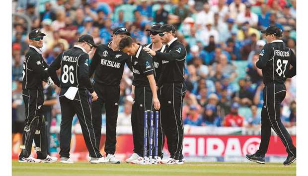 New Zealandu2019s Trent Boult (centre) celebrates the wicket of Indiau2019s KL Rahul during the 2019 ICC Cricket World Cup warm-up match against India in London on last week. (AFP)