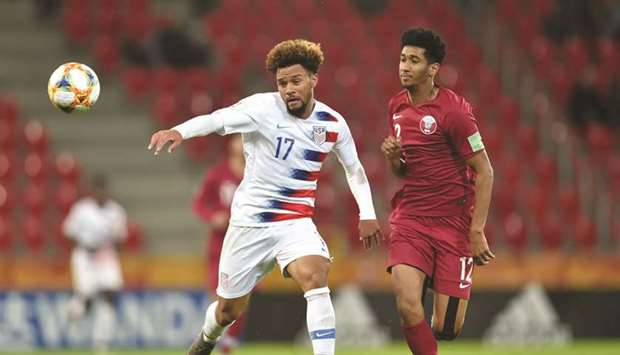 Konrad De La Fuente (left) of the United States battles for possession with Homam Ahmed of Qatar during the FIFA U-20 World Cup group D match at Tychy Stadium on Thursday night. (FIFA)