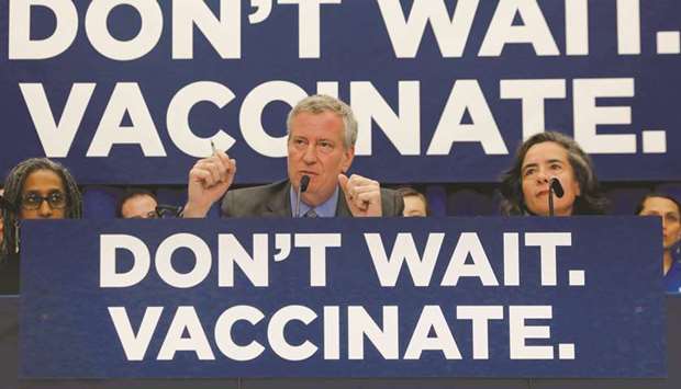 This picture taken on April 9 shows New York City Mayor Bill de Blasio speaking during a news conference declaring a public health emergency in parts of Brooklyn, in response to a measles outbreak, requiring unvaccinated people living in the affected areas to get the vaccine or face fines.
