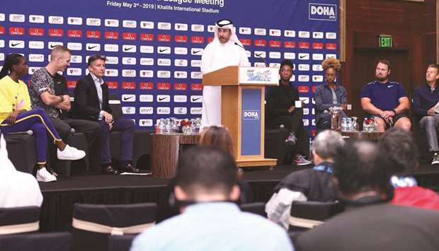 Qatar Athletics Federation President Dr Thani al-Kuwari makes his opening remarks  during a press conference yesterday as IAAF President Sebastian Coe (third from left) and elite athletes scheduled to participate in todayu2019s Doha Diamond League meeting look on.